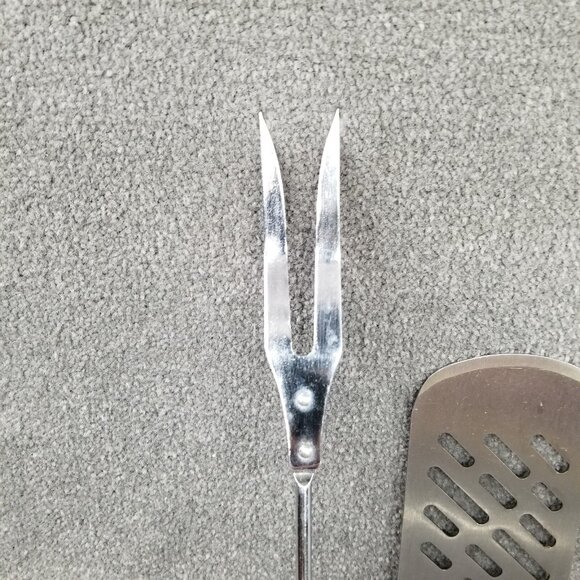 BBQ Grilling Tool Set of LOT 4 Metal Spatula Wood Handle Tongs 2 Tine Long Forks - Picture 4 of 16